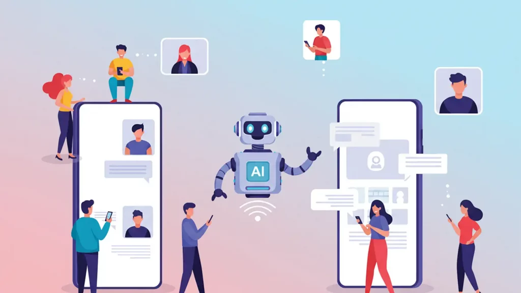 AI robot in the middle with people and phone connecting to it