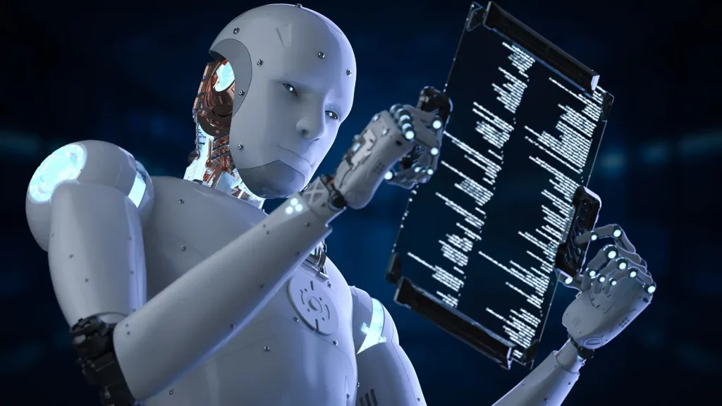 AI robot reading text on a clear screen symbolizing AI