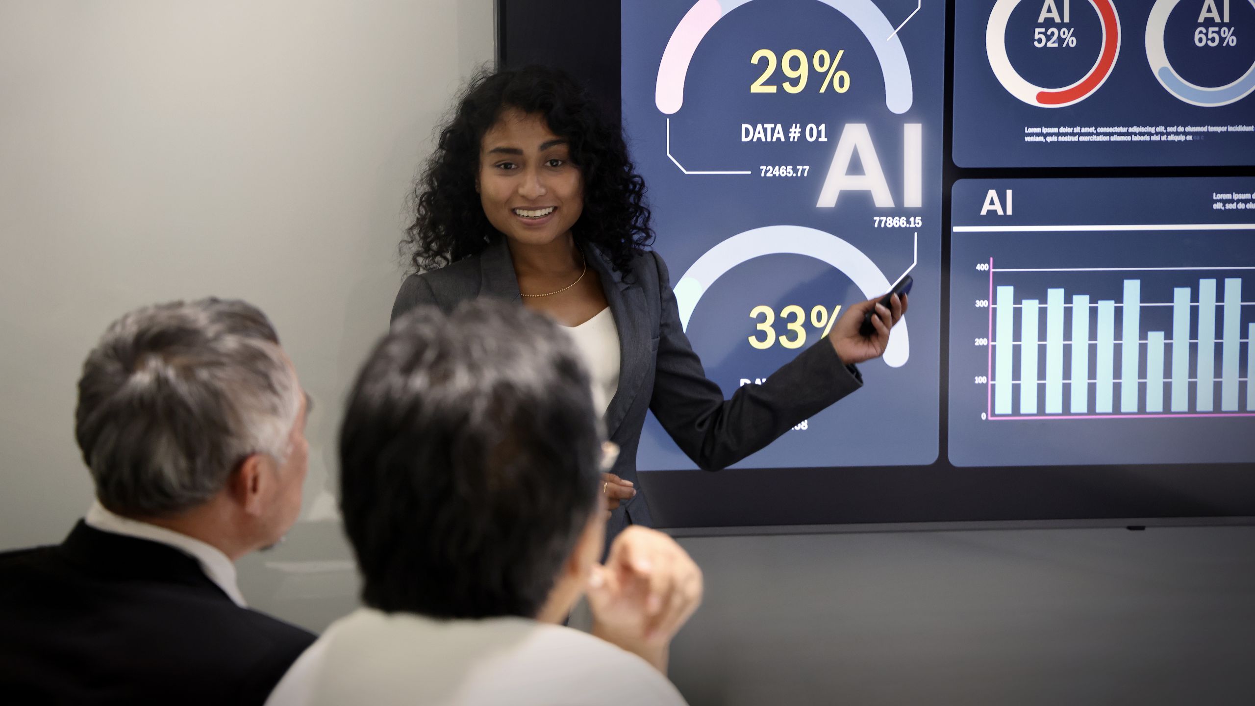 Woman showing team AI stats and results in conference room
